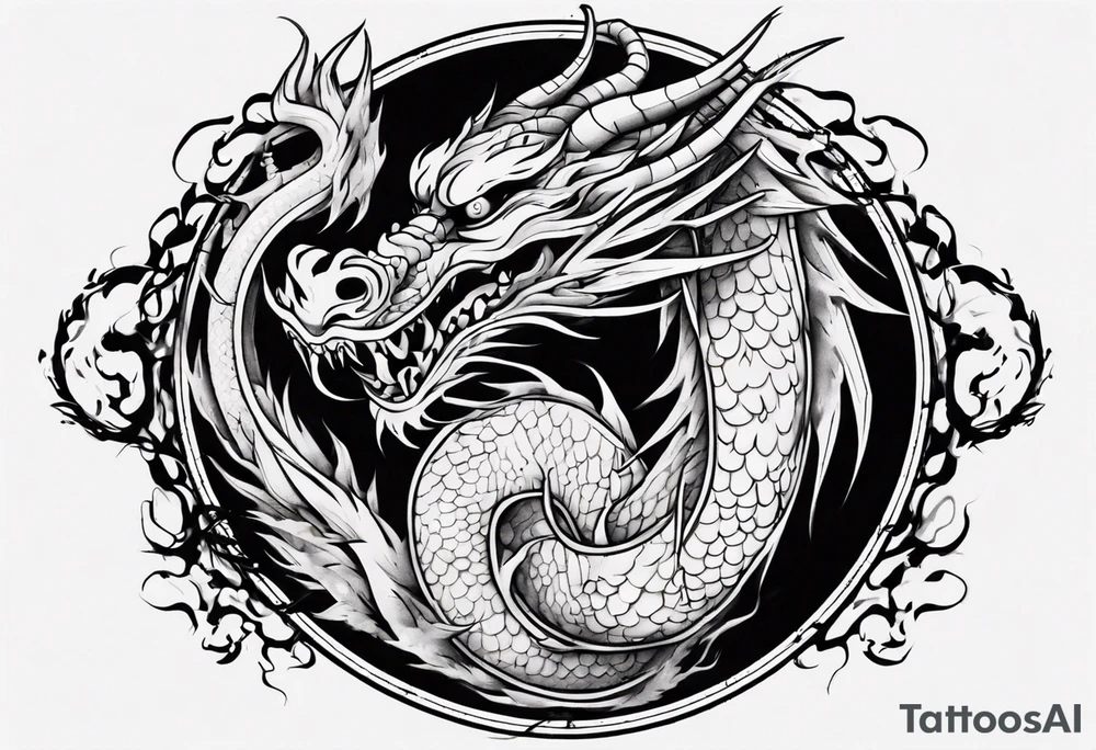 Chinese dragon in a circular shape with "02.03" written on its skin tattoo idea