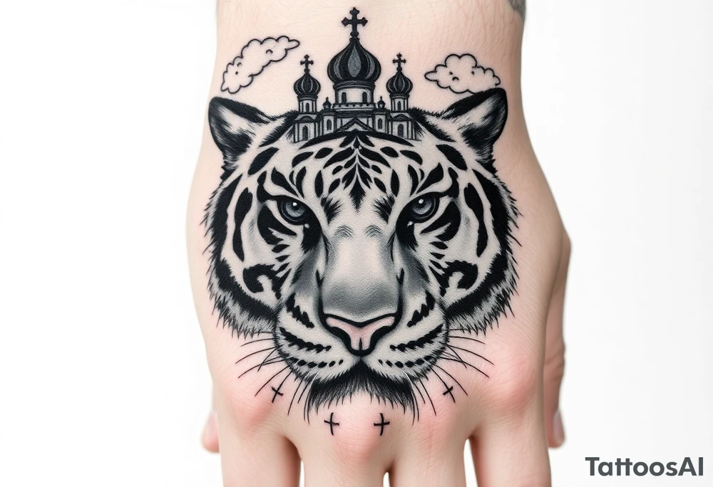 Realistic tiger face on the back of the hand with strong contrast and fine detail with hollow black eyes. with a highly detailed Russian Orthodox cathedral sitting above on fore arm with onion domes and orthodox crosses, done in fine line, engraving-like style. Cohesive composition, black ink only, no color, high contrast, slightly aged, documentary-style, plain light background. with clouds above and a virgin mary tattoo idea