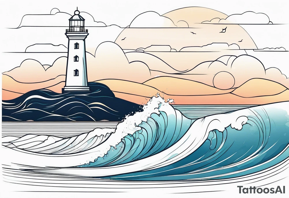 lighthouse at the ocean and waves, minimalist, fine line tattoo idea