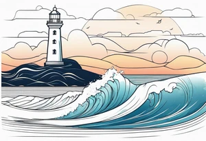 lighthouse at the ocean and waves, minimalist, fine line tattoo idea