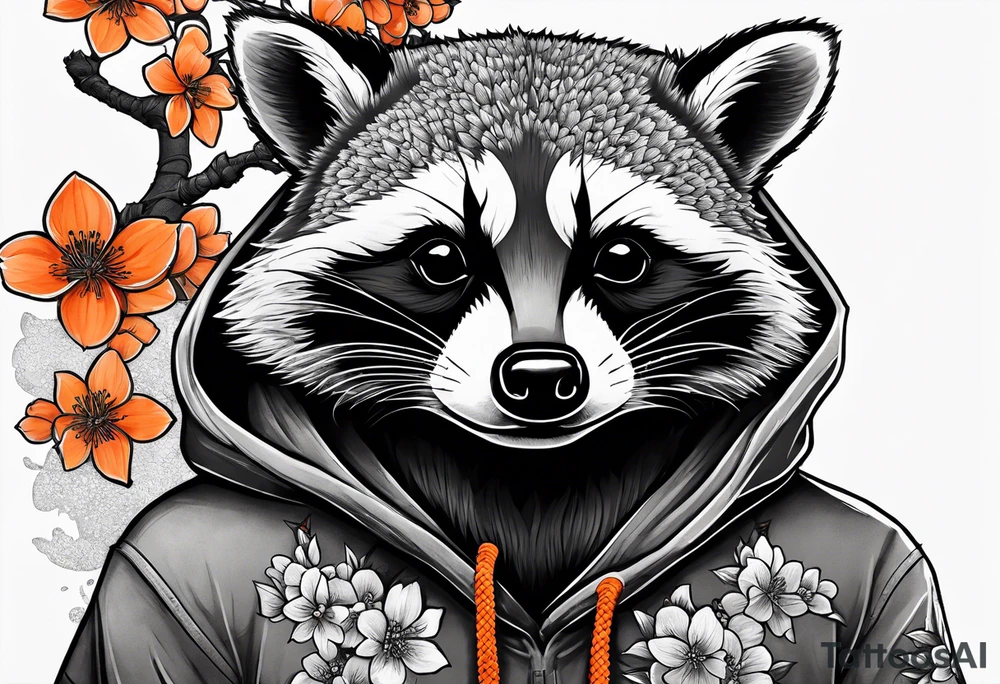raccoon wearing a black and white Superman hoodie and orange Japanese cherry blossoms tattoo idea