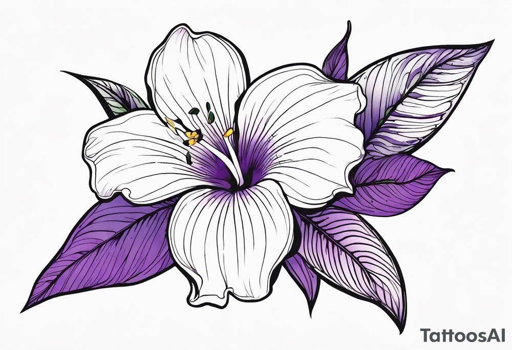 An outline of a rio dipladenia flower with a green and purple watercolor splash in the background tattoo idea