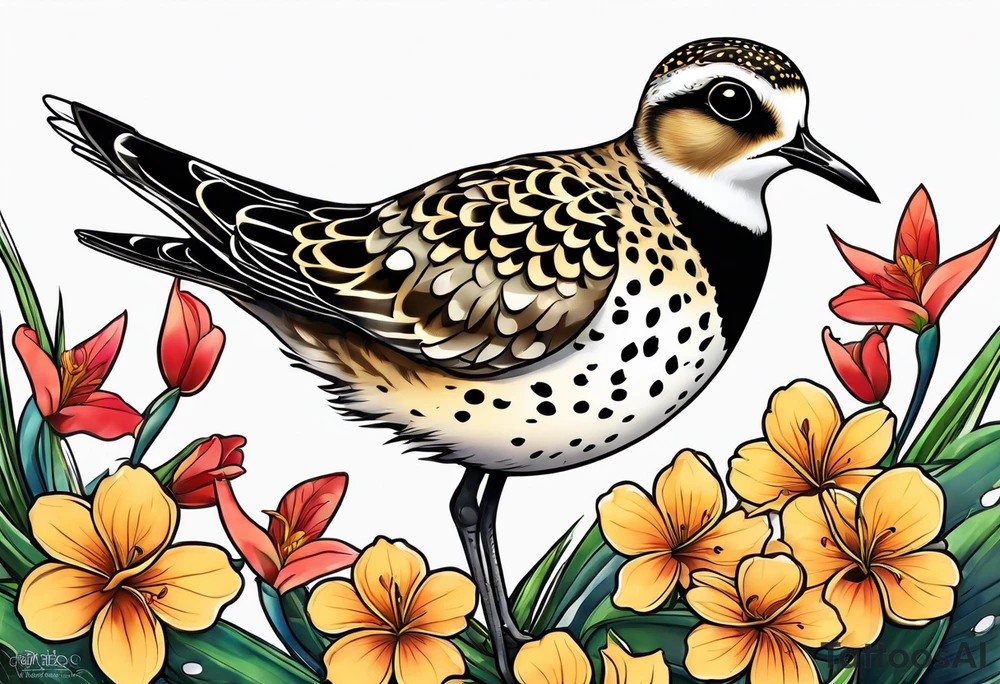 Pacific golden plover with Hawaiian flowers tattoo idea
