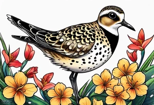 Pacific golden plover with Hawaiian flowers tattoo idea