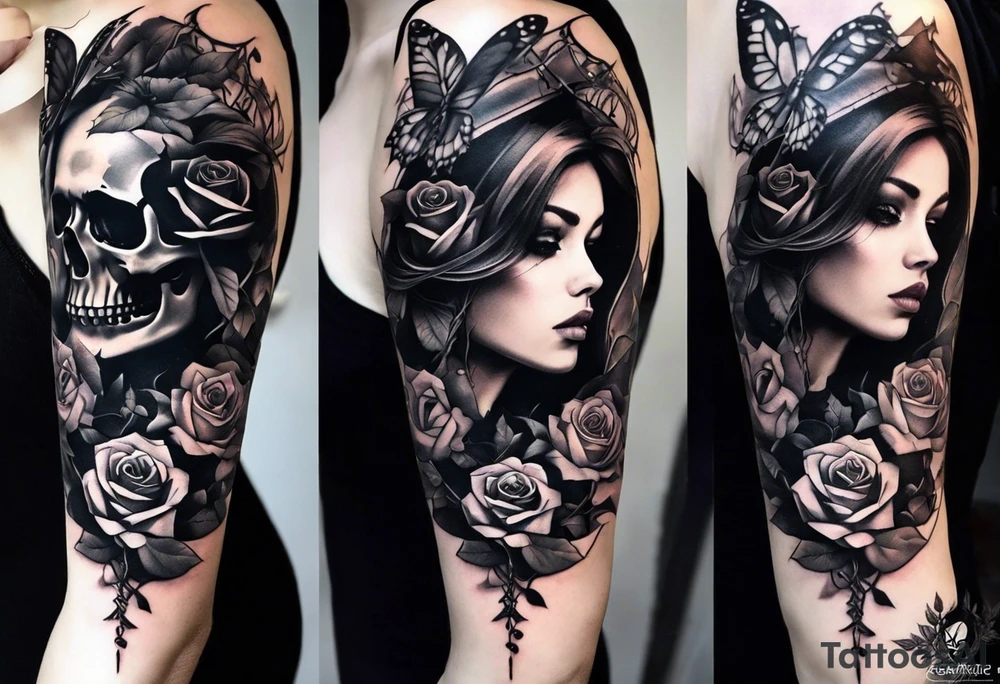 A sleeve tattoo whose elements seem to be connected into one story. Elements on the tattoo: a skull with a rose sticking out of the eye, plants, a girl’s face turning into roots, a destroyed old chain, a broken sword, a butterfly and you can add some connecting elements tattoo idea