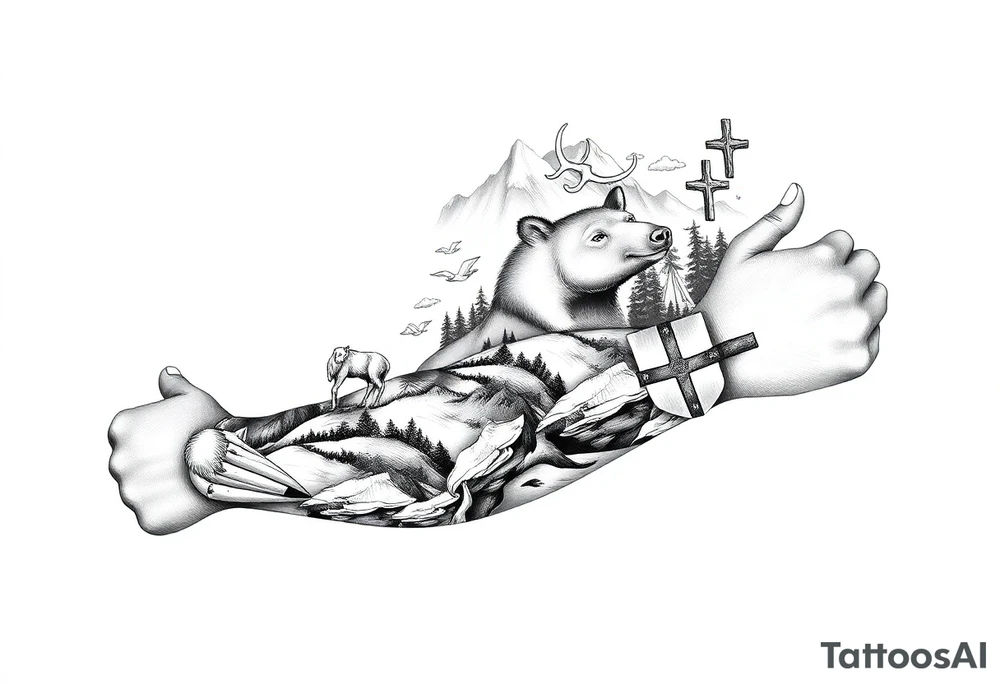 A full-sleeve with the Härjedalen landscape, reindeer, bear, lakes, mountains (Helags), cross and Härjedalen's coat of arms on the hand tattoo idea