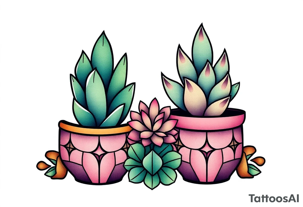 cute cacti and succulent in a pot tattoo idea