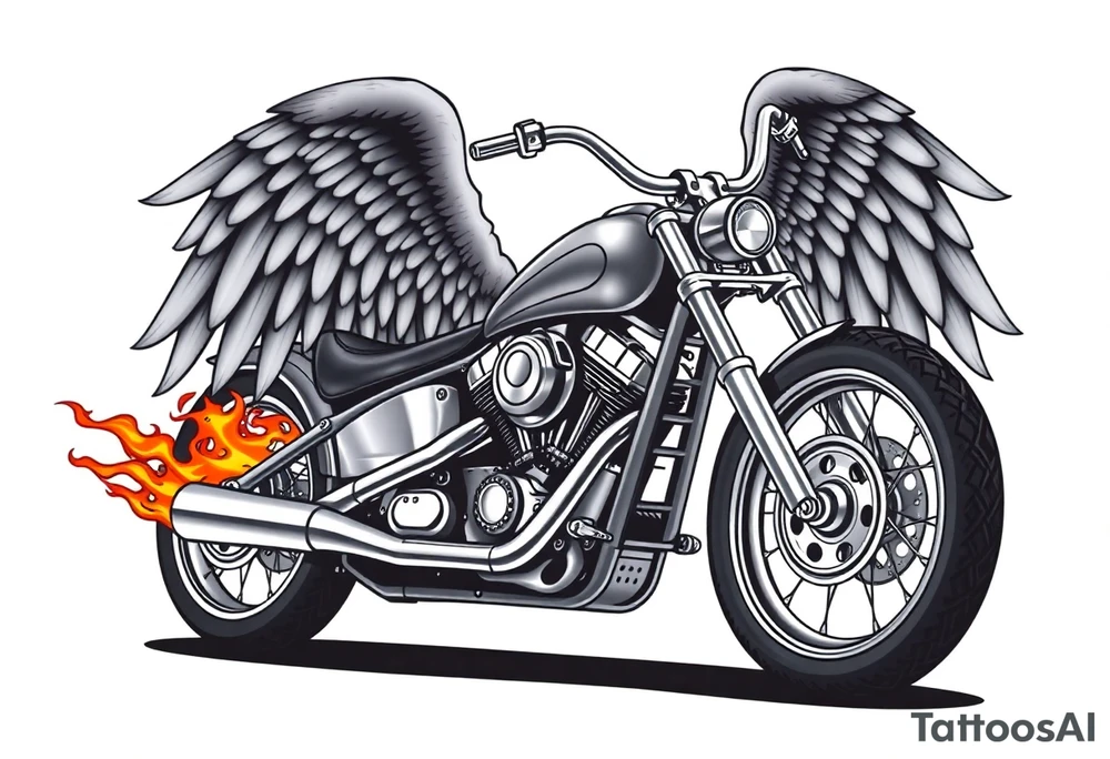 Low rider grey motorcycle, big muffler pipes with flames, angel wings, driving away, no person tattoo idea