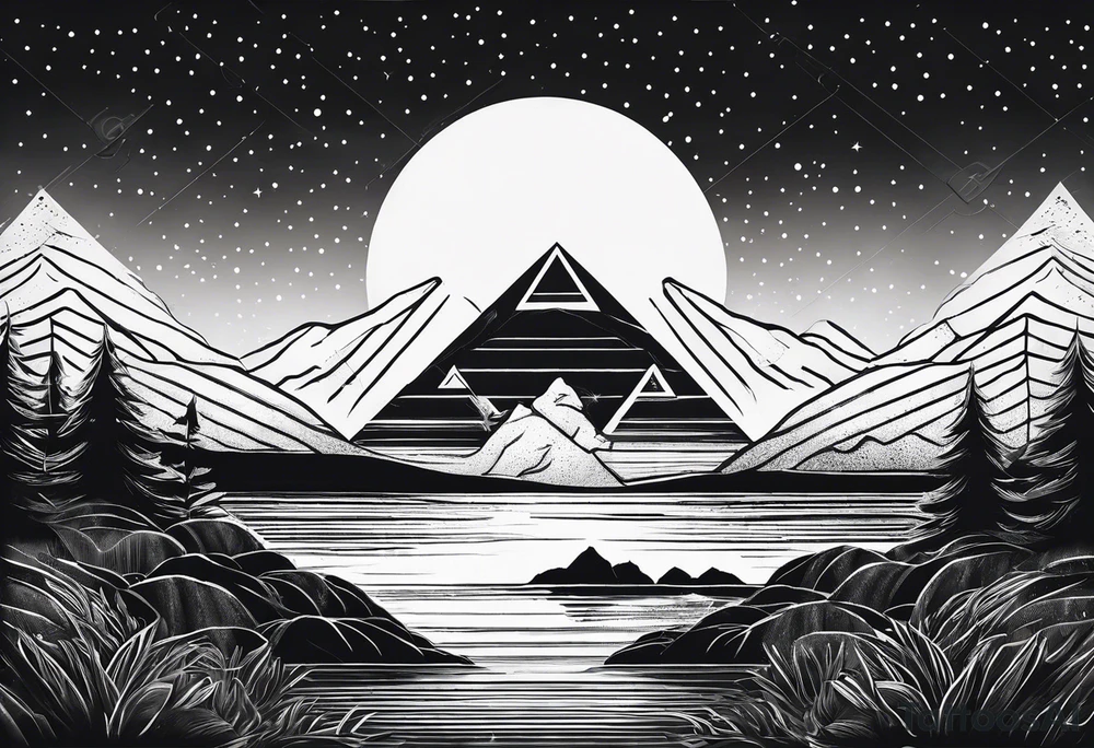 Two triangles, one triangle has the a mountain landscape during the night and the other one has beach sunset landscape. tattoo idea