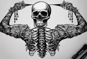 back tattoo with the word momento mori included plus two hands coming together. One skeleton the other real. would also like a sword/something similar going down my spine tattoo idea