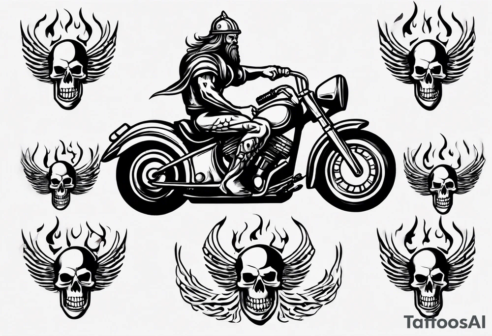 i want a tattoo of a big viking skeleton riding a motorcycle with flames and I want the words “Viking Customs” incorporated into the design tattoo idea