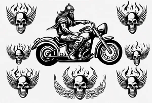 i want a tattoo of a big viking skeleton riding a motorcycle with flames and I want the words “Viking Customs” incorporated into the design tattoo idea