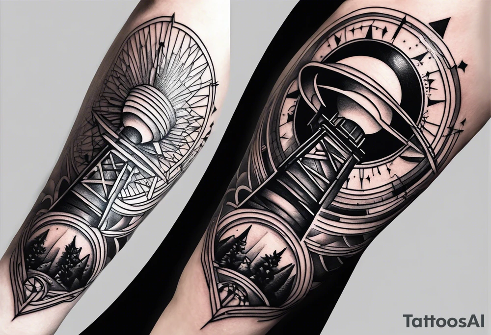 Radio radar tower, geometric patterns around arm, beginning at the wrist tattoo idea