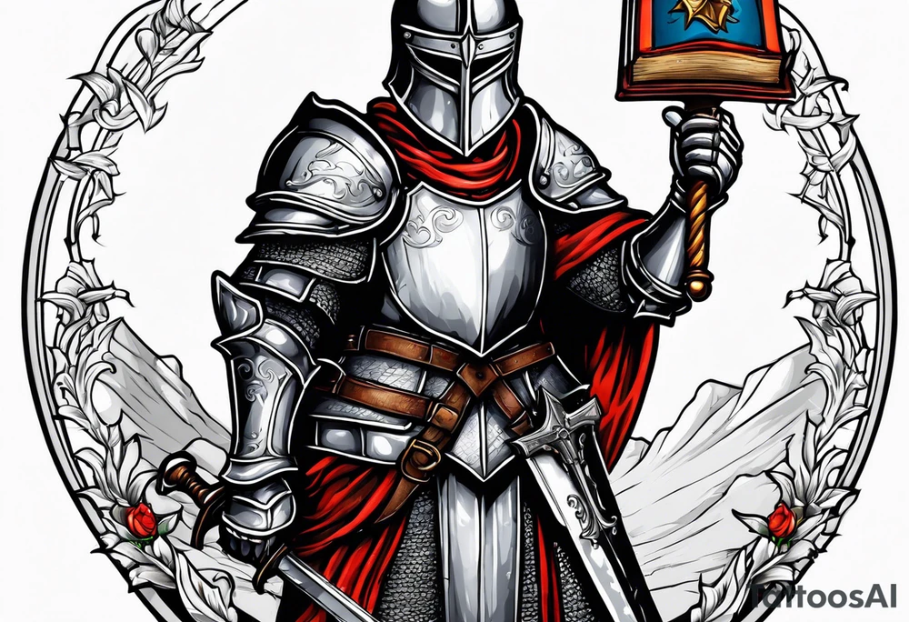 knight holding a bible over his head tattoo idea