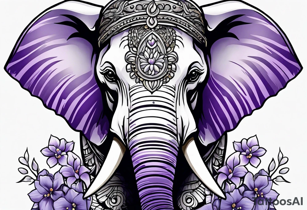 Elephant face half covered with lilacs tattoo idea