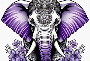 Elephant face half covered with lilacs tattoo idea