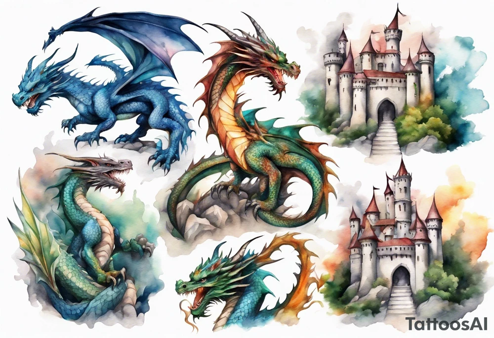 realistic mystic dragons protecting a castle tattoo idea