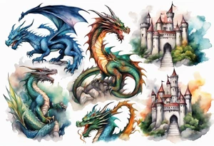 realistic mystic dragons protecting a castle tattoo idea