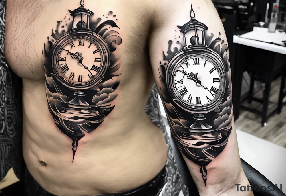 Draw me a tattoo located on the shoulder and upper arm of a man. The tattoo represents a clock in an hourglass with Roman numerals in the background. It is a symbol of the passing of time. tattoo idea