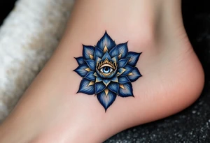 A deep indigo lotus flower with a central eye and subtle gold highlights around the petals. tattoo idea