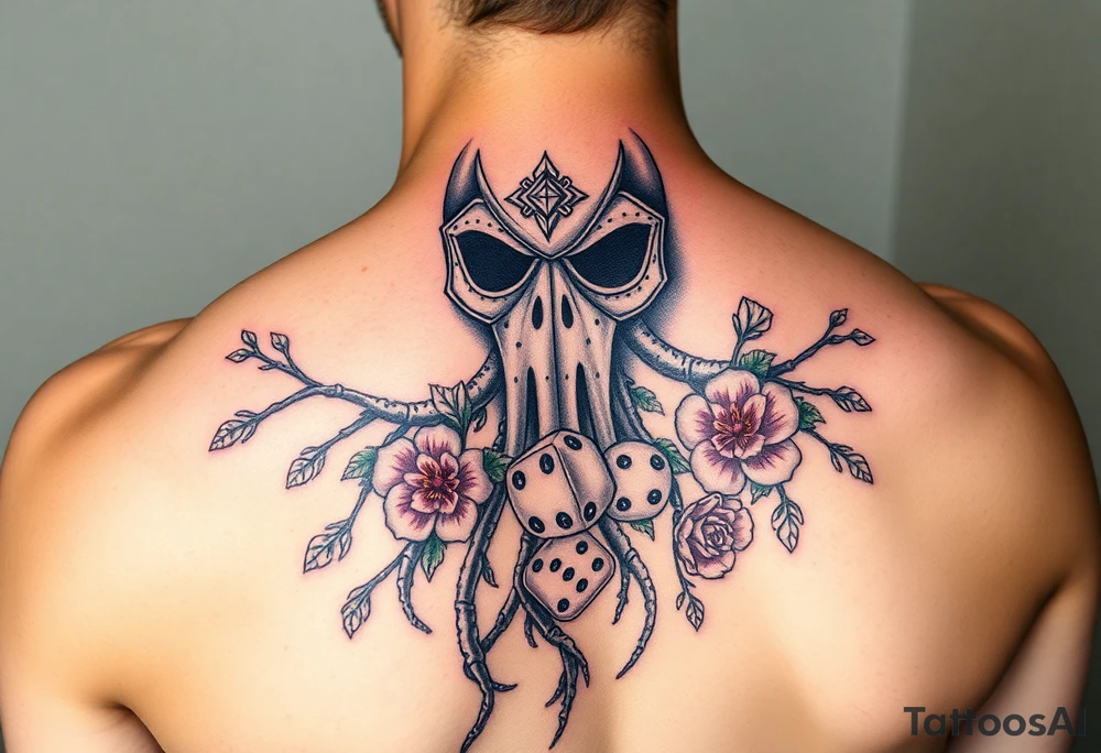 squid knight helmet combined with tree roots, cherry blossoms and roses rolling dice tattoo idea