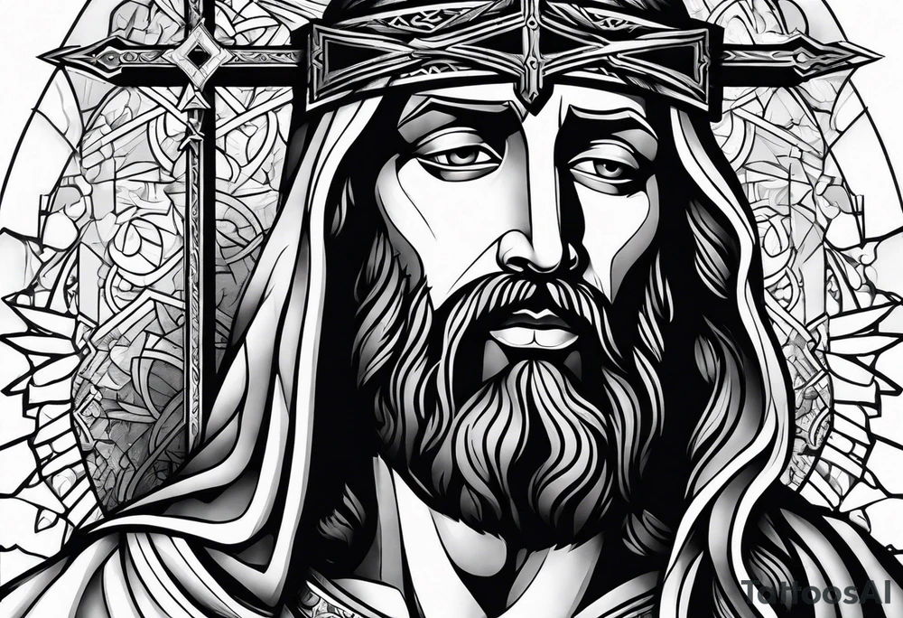 Jesus and man walking with cross tattoo idea