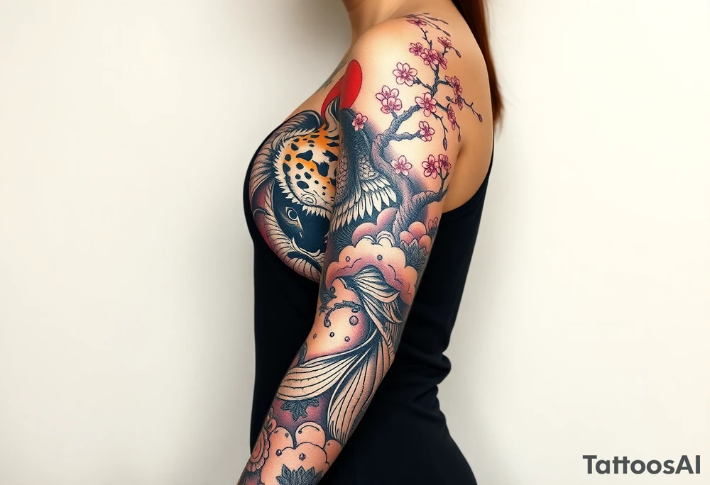 Beautiful full sleeve with a koi fish, tiger, sun, and cherry blossom tree tattoo idea