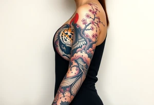 Beautiful full sleeve with a koi fish, tiger, sun, and cherry blossom tree tattoo idea