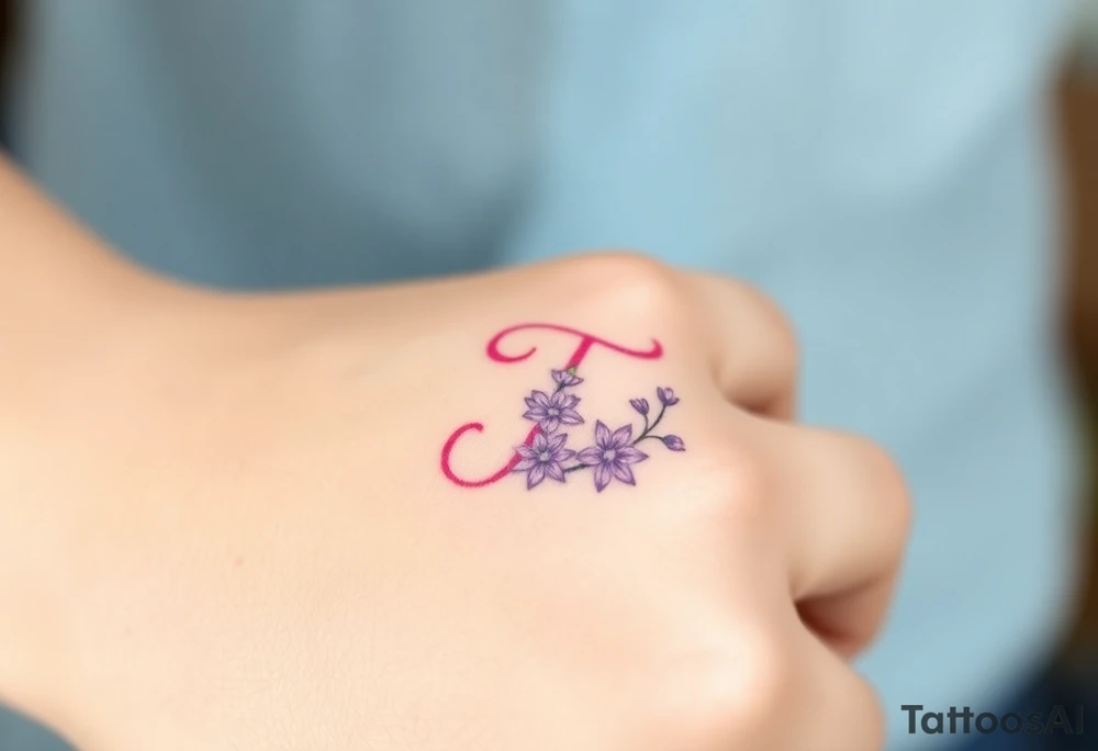 A pastel pink "T" surrounded by tiny lavender blossoms. tattoo idea