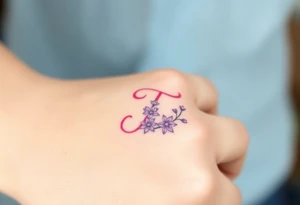 A pastel pink "T" surrounded by tiny lavender blossoms. tattoo idea