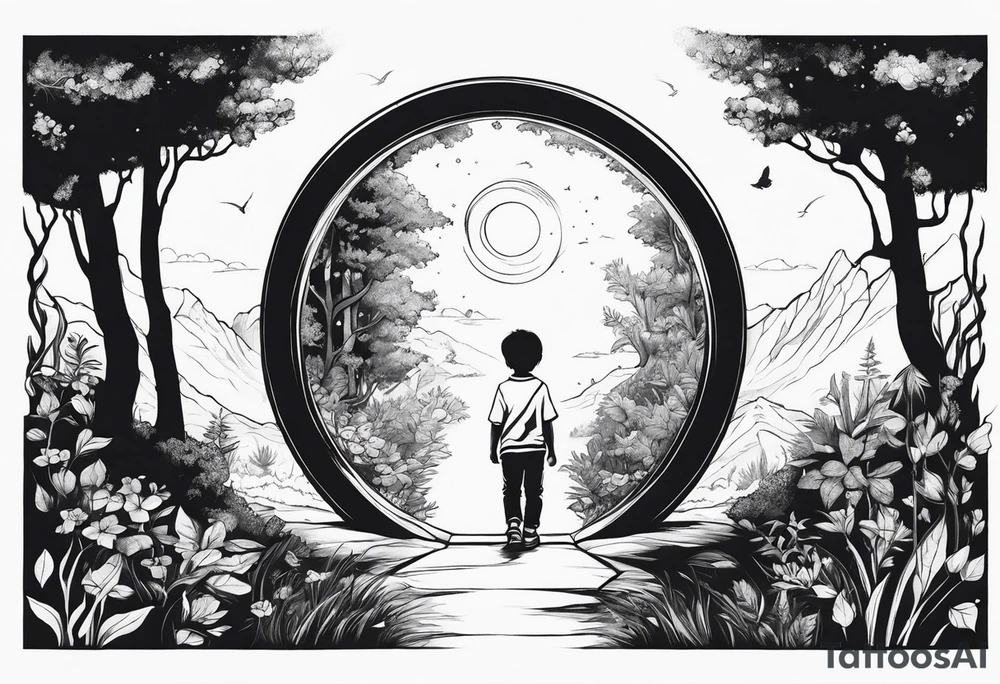 a small boy entering a portal to a fantasy world filled with nature tattoo idea