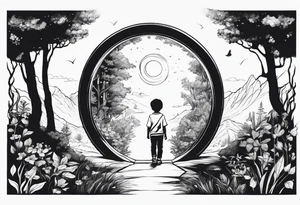 a small boy entering a portal to a fantasy world filled with nature tattoo idea