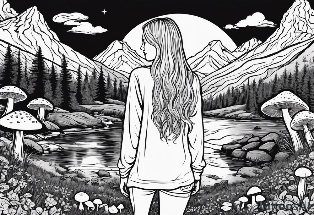 Whole picture encircled fully

Straight long blonde hair hippie girl in distance holding mushrooms in hand facing away toward mountains and creek surrounded by mushrooms long sleeve shirt and hiking pants; whole rendering within a full celtic circle border, no cut off circle tattoo idea