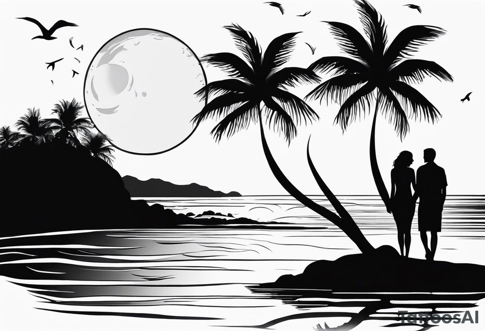 silhouette of two people holding hands on beach water with moon and palm trees tattoo idea