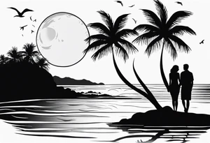 silhouette of two people holding hands on beach water with moon and palm trees tattoo idea
