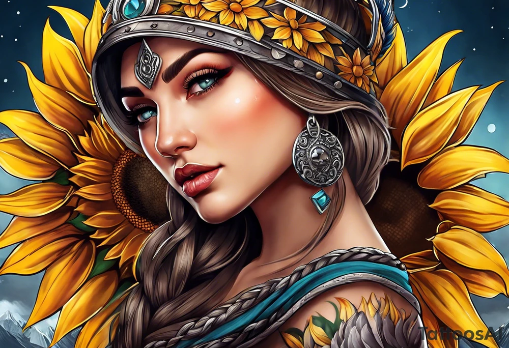 Sunflower viking sleeve tattoo idea