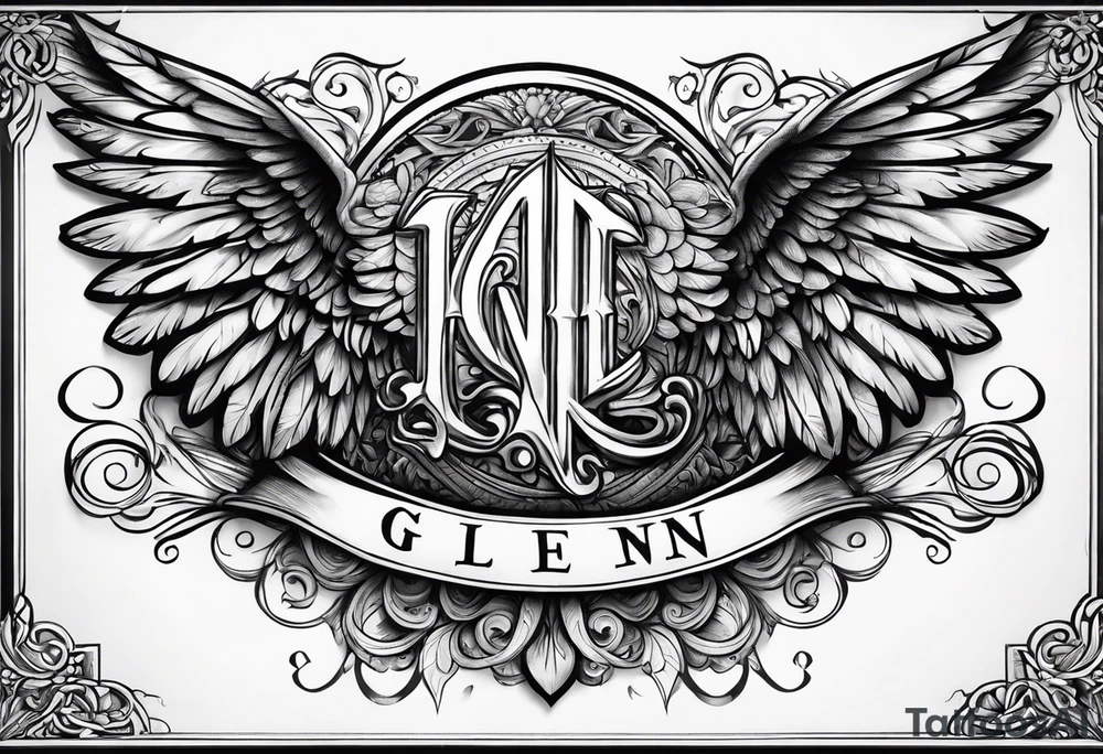 The word Glenn on a banner with angel Wings tattoo idea