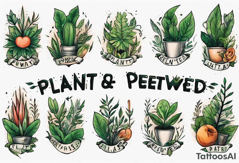 Arm band tattoo spelling ‘Plant Powered’ with plants tattoo idea