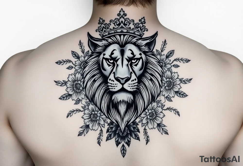 powerful majestic lion with a crown, surrounded by floral ornaments and birds tattoo idea