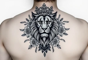 powerful majestic lion with a crown, surrounded by floral ornaments and birds tattoo idea