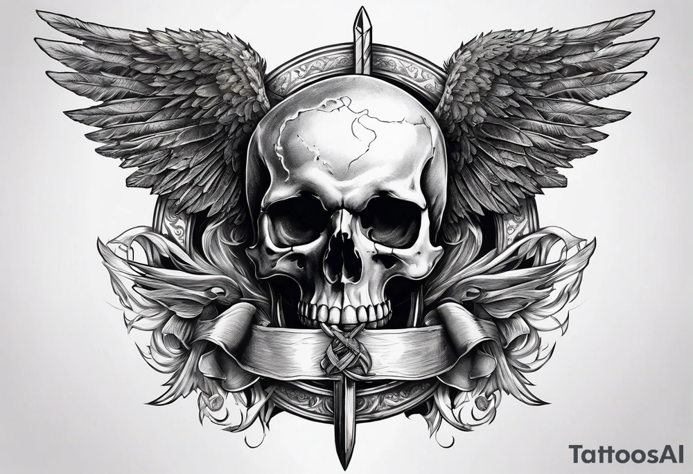 In the center is a half skull pierced by a large sword. On either side of the skull, there are spread angel wings, Beneath the skull is a ribbon tattoo idea