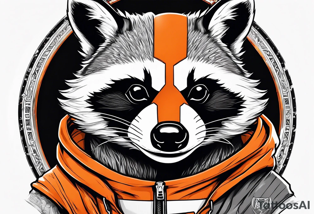 Raccoon wearing an orange Superman hoodie tattoo idea
