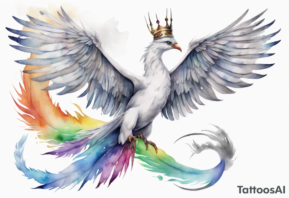 a watercolor of a white bird-serpent hybrid wearing a grey crown, with rainbow wing feathers, flying in the sky tattoo idea