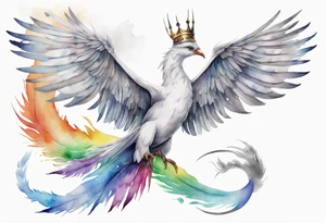 a watercolor of a white bird-serpent hybrid wearing a grey crown, with rainbow wing feathers, flying in the sky tattoo idea