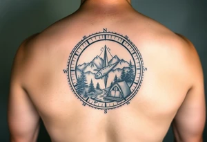 Open compass, bottom half with mountains, trees, stream, and tent. The S of the compass should be a fishing lure tattoo idea