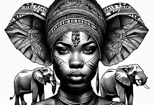 African woman warrior with tribe scars and spear in hand with elephants in background tattoo idea