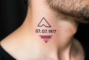 Linear 07.07.1977 in strong black ink, stacked vertically with burgundy accents. tattoo idea