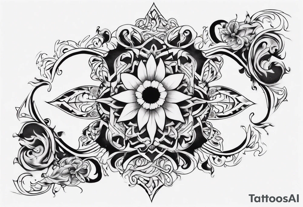 Black and white and ornamental style tattoo which will wrap around ankle horizontally which is larger in the centre tattoo idea