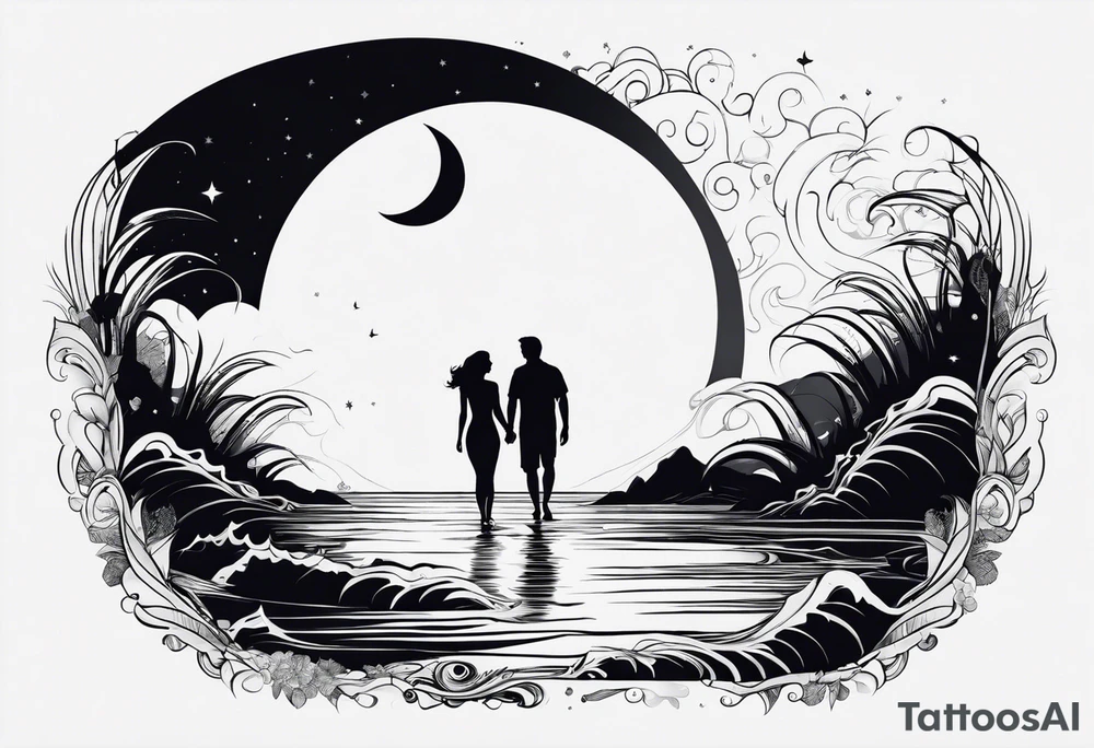 Silouhette of two people on beach water with moon tattoo idea