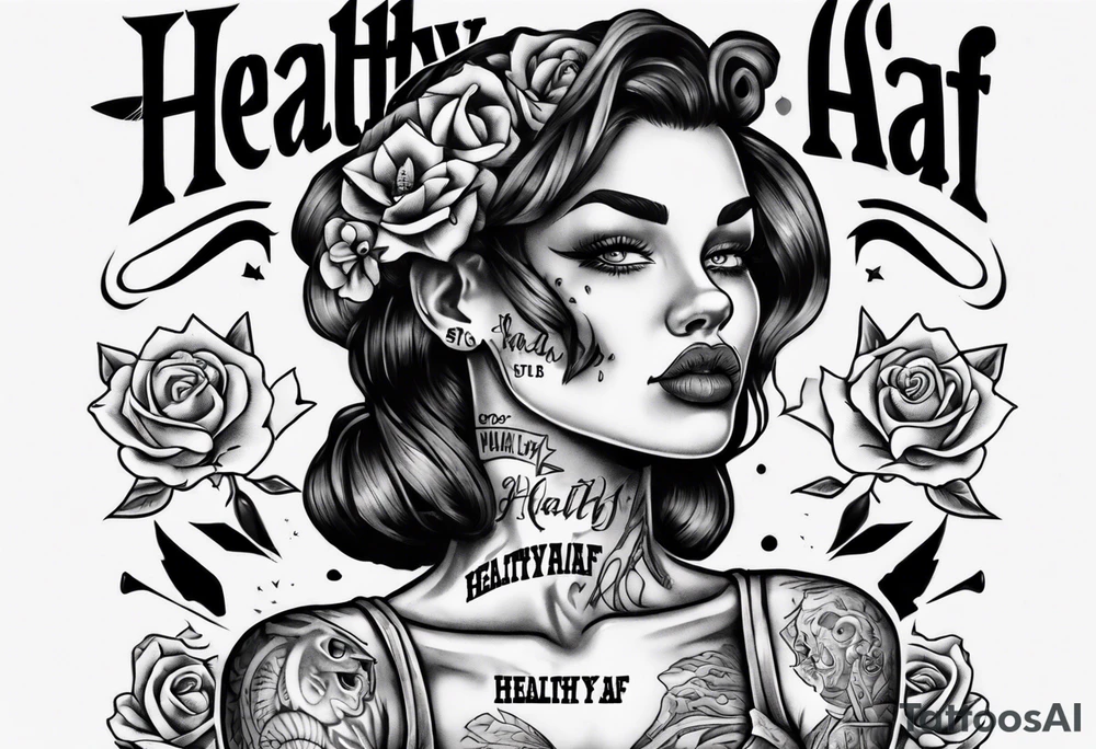 Strong tattooed woman with the words healthyAF underneath her in old school font tattoo idea